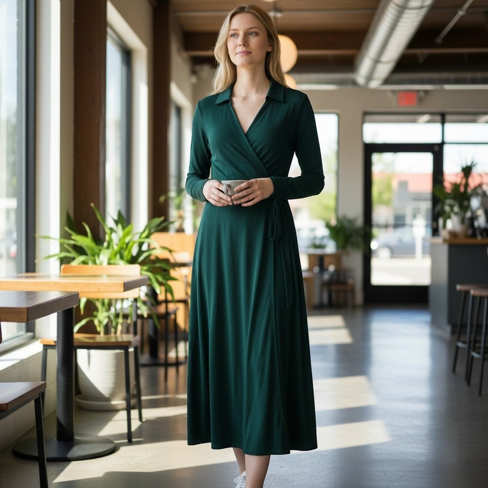 Quince $150 Women's L 100% Silk Jersey Midi Wrap Dress Evergreen Long Sleeve